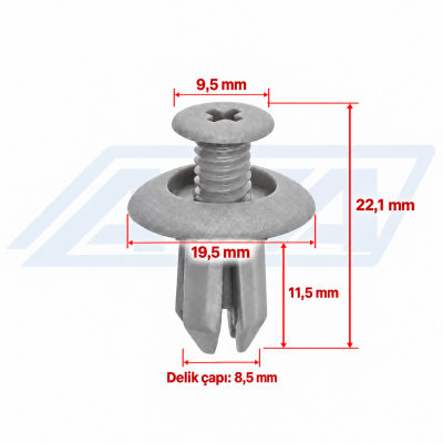 ATA-0010 gri tampon ve davlumbaz klipsi, Hyundai 86155-22000 referansı, ölçülü ve Ata Plastik filigranlı ürün fotoğrafı